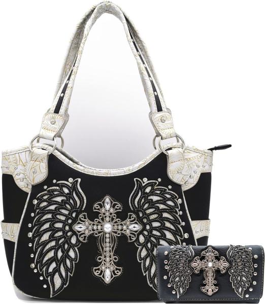 WESTERN STYLE RHINESTONE CROSS STUDDED LASER CUT WINGS TOOLED LEATHER PURSE WOMEN HANDBAGS COUNTRY SHOULDER BAG WALLET S