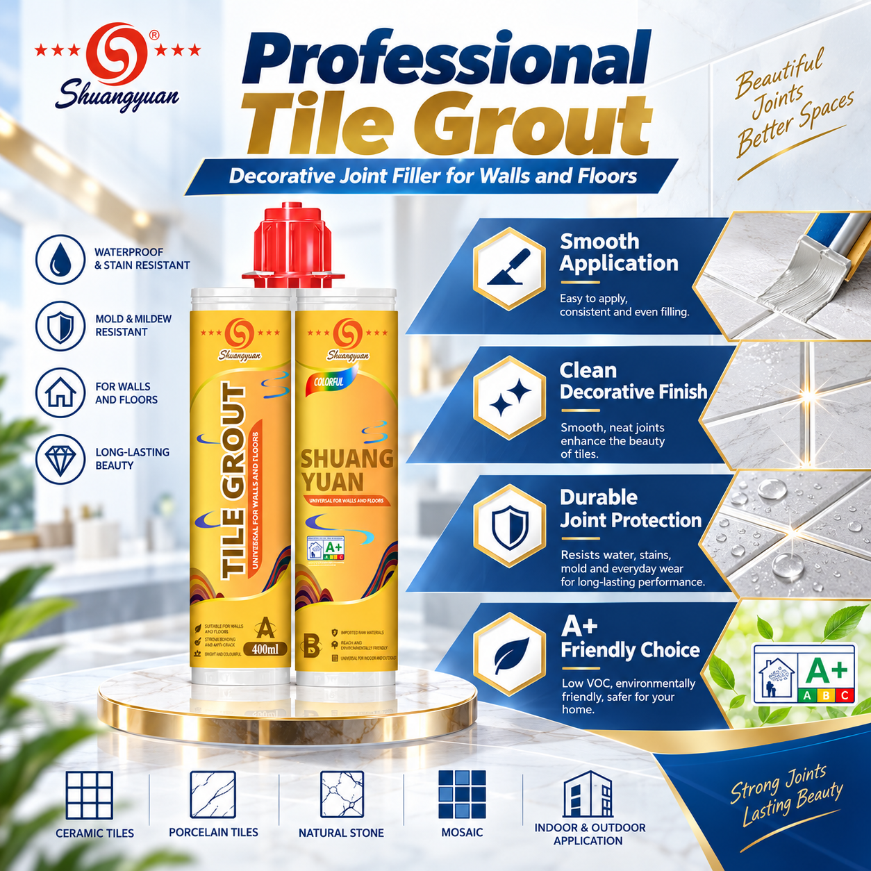 Premium Tile Grout for Bathroom and Kitchen | Decorative Tile Joint Filler for Interior Use