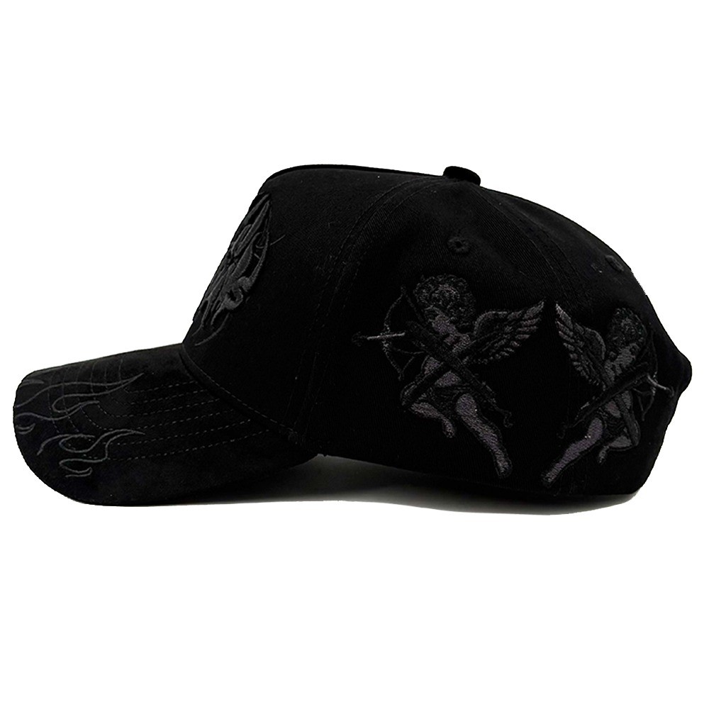 3D Embroidery Black On Black Baseball Caps Fire Flame Suede Visor Premium Angel Embroider Metal Tag Silk Lined