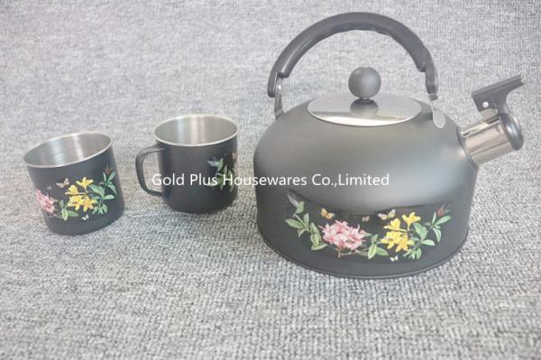 Luxury flower pattern kettle teapot with two cups stainless steel water coffee kettle with whistle for commercial use