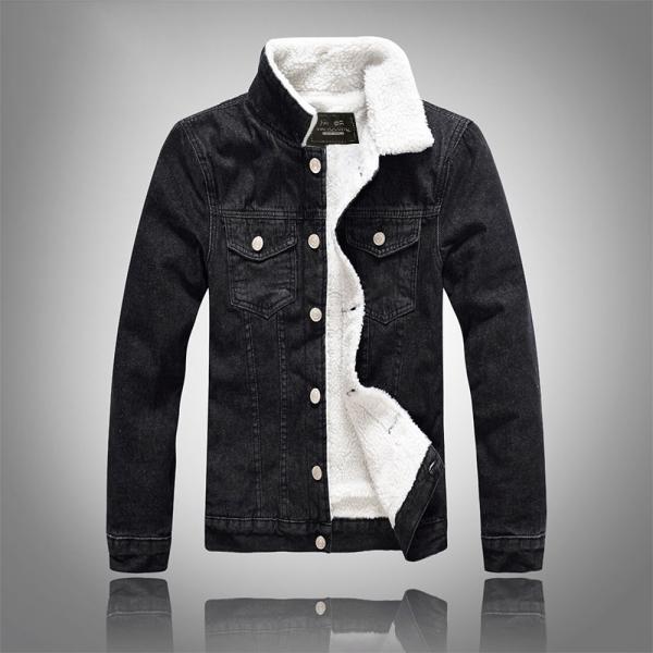 Men's Velvet Hoodie Denim Coat Winter Plus Size Black Slim Fit Thick Lambskin Wool Jacket