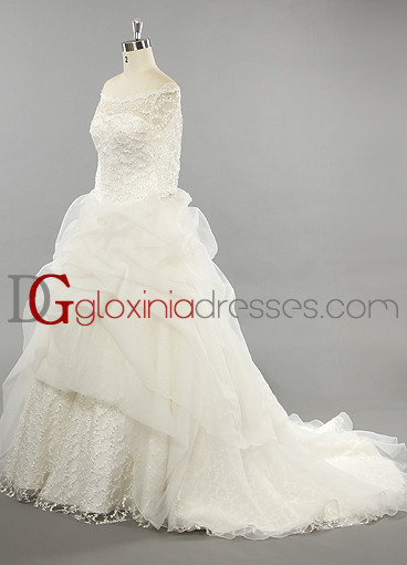 2013 A-line Off-the-shoulder Train Lace Beaded Organza Ivory Bridal dresses BDGD1007