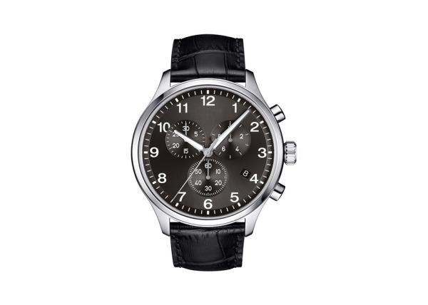 Printed Black Dial Chronograph Watch 2pcs Stainless Steel Button Brown / Black Leather Strap