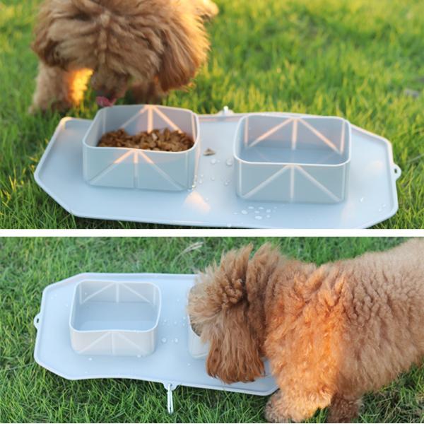Outdoor Folding Double Bowl Pet Travel Silicone Dog Bowl with Anti-slip Silicone Mat