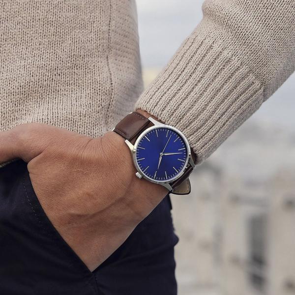 Miyota 2035 Quartz Mov'T Man Blue Face Watch With Leather Strap