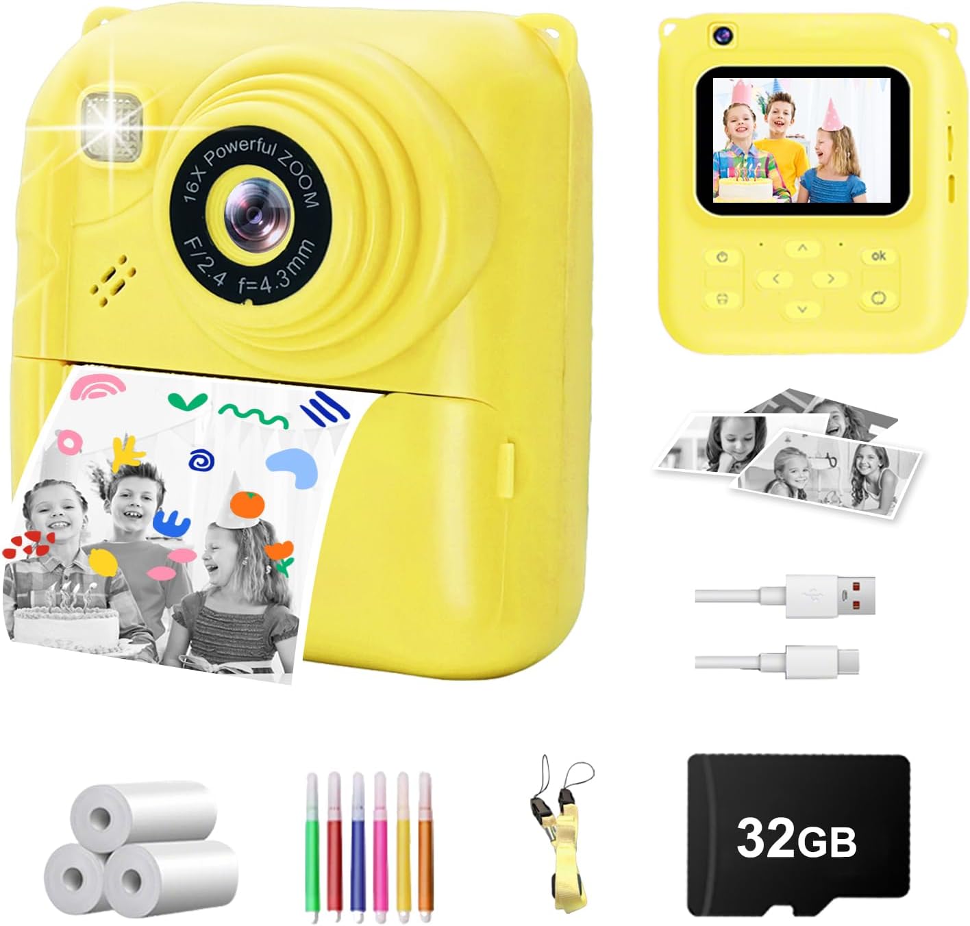 Instant Print Camera for Kids 1080P with Filter MicroSD Plastic Cute Cover Gift for Girls & Boys Age 3-12