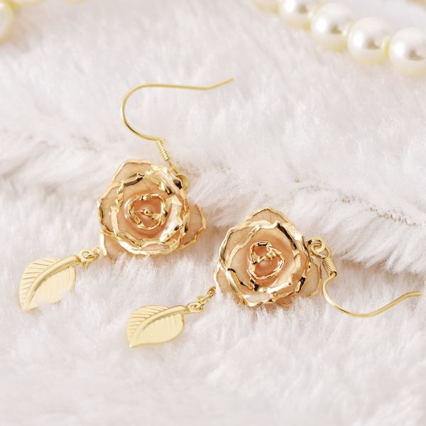 Rose Earrings 24k Gold Dipped Roses Gifts Valentine Day Holiday Everlasting Flowers