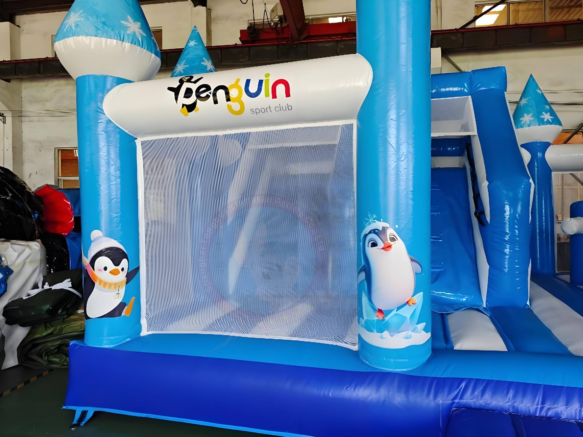 Inflatable Penguin Bounce House Slide Combo Blue Theme Kids Castle With Bounce Area Climbing Section Mesh Walls Rental Playground Equipment