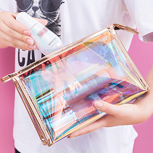 Holographic Makeup Bags Set, Clear Iridescent Cosmetic Bags, Portable Waterproof Toiletry Bag, Travel Zippered Makeup Organizer Cosmetic Pouch for Women, Mothers Day Gifts