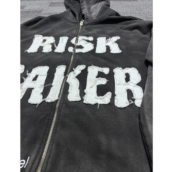 Peso pesado personalizado para hombres 400 gsm Vintage Acid Wash Zip Up Hoodie con parche de bordado