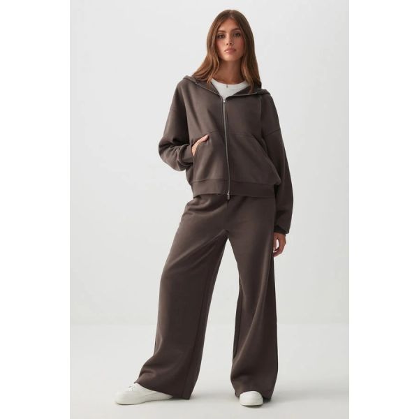 Sporty Casual Tracksuit - Oversized Zip-Up Hoodie & Wide Leg Pants (Heather Grey & Chocolate Brown)