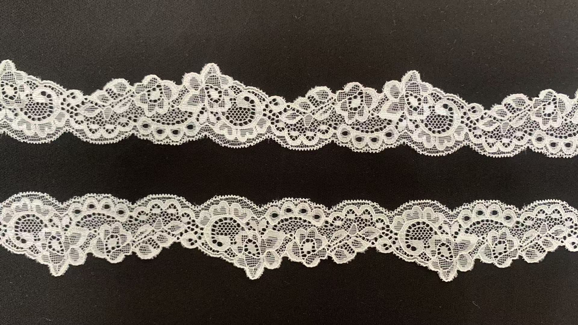 4cm Vintage Curly Floral Hollow Elastic Nylon Lace Trim Double Scalloped Edge Soft Breathable Fabric for Lingerie Nightgown Wedding Dress and Ladies Fashion Apparel Decoration