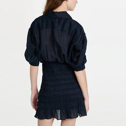                  Ladies Casual Dress Collared Neck Elbow Length Puff Sleeve Ruffle Hem Polyester Smocked Shirt Dress for Women             