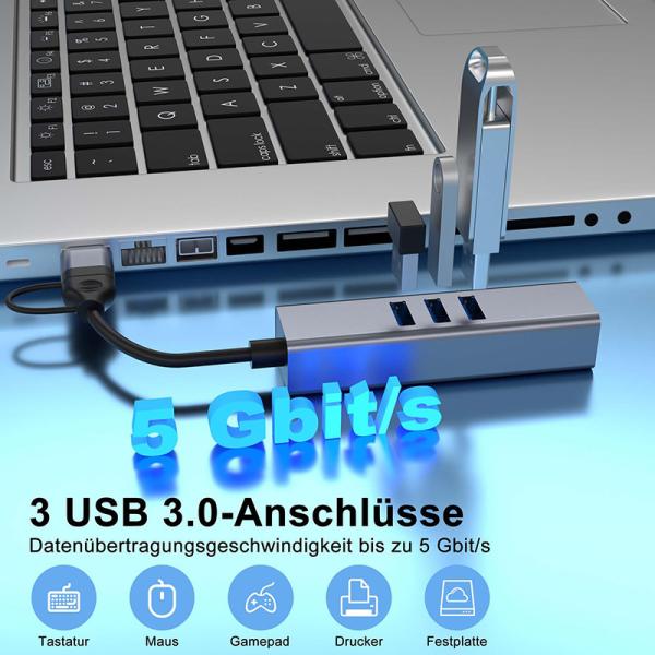 Adaptateur LAN USB de type C Hub 4 en 2 avec 3 ports USB 3.0 et interface LAN RJ45 Gigabit