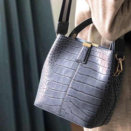 Brown Crocodile Embossed Leather Handbags One Shoulder Retro Bucket Bag