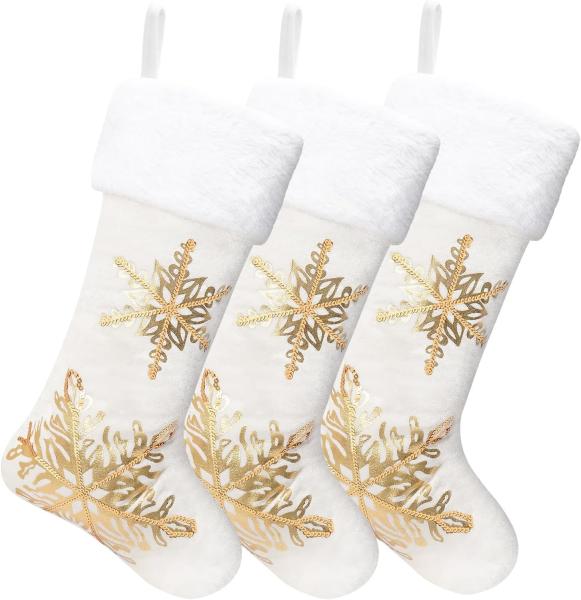3PC Christmas Stocking,Sequin Hanging Stocking Decorations Christmas Party Family Decor (white)