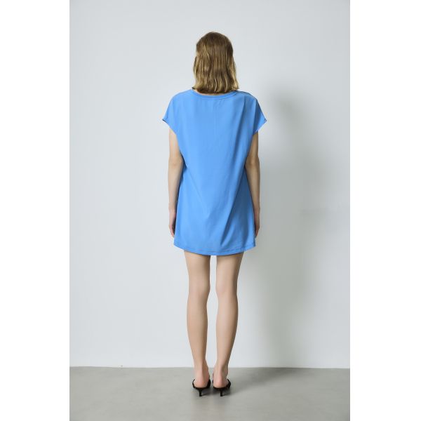 Bright Blue Short Sleeve Mini Dress Relaxed Fit Short Cotton Sundresses 180gsm
