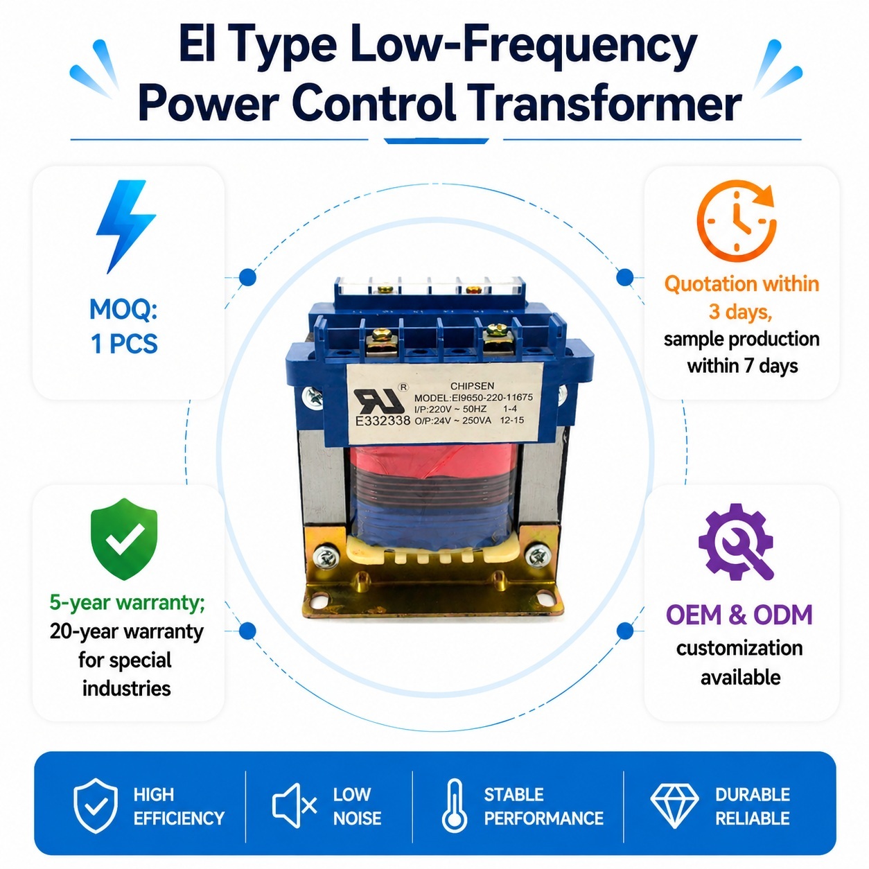 High Power Low Noise EI96 Control Transformer Stable Efficient For Machine Tools