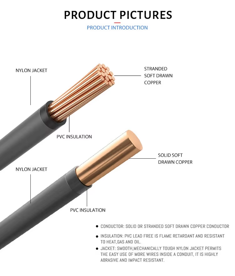10 AWG THHN Cable 600V PVC Nylon Jacket 90C Dry Location Oil Resistant for Conduit Raceway Wiring