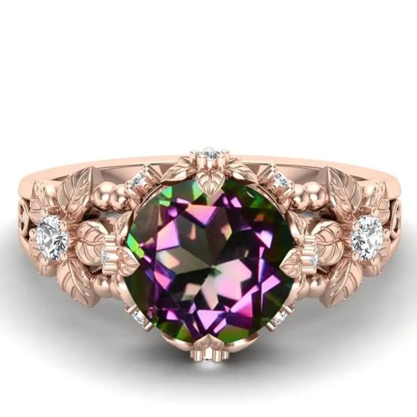 золото 14K покрыло стерлинговый серебряный винтажный круг искусства отрезало мистические белые обручальные кольца драгоценной камня топаза