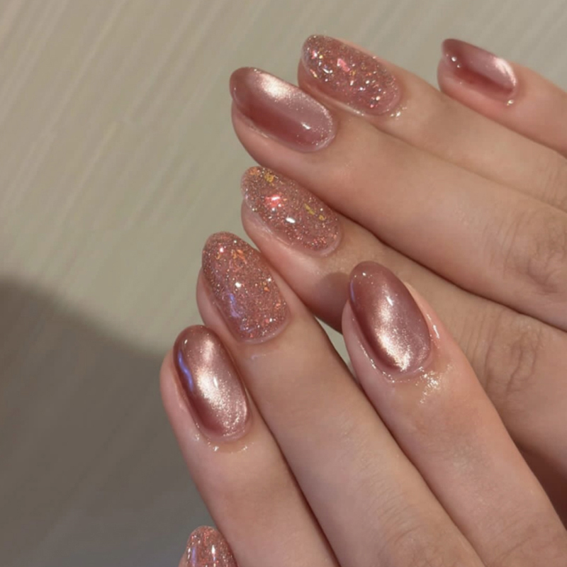 Flashing Pink Cat Eye Fake Nails Short Round 3D Cat Eye Nails