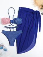 O biquini livre do fio do tamanho S-Xl denomina o estilo novo três partes do roupa de banho para nadar a cor azul confortável em conservado em estoque