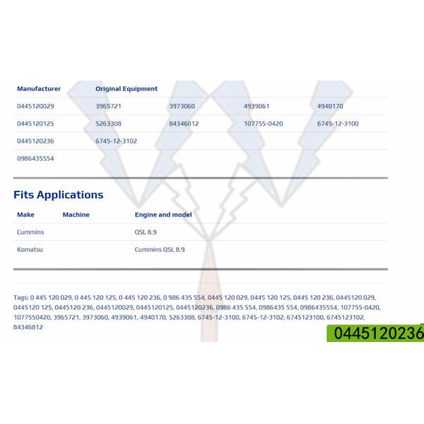 High Quality Fuel Injector 0445120029 0445120125 0445120236 0986435554 for 6745-12-3102 Cummins 3965721 3973060 4939061