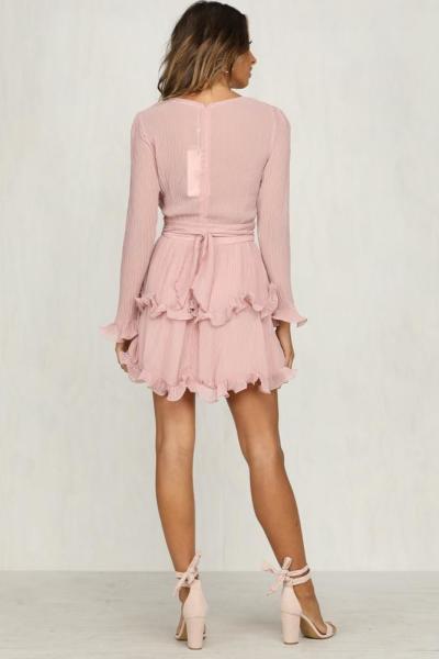 Fashion women Long Sleeve V neck Pink Vintage Dress