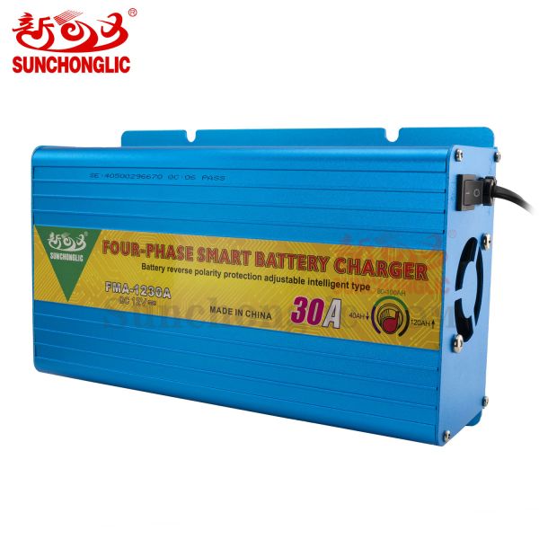 Smart 12V 30A Battery Charger with Four-Step Charging Process, Lightweight and Portable for AGM, GEL, and Lead-Acid Batteries