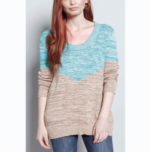 WOMEN'S 100% COTTON COLOR BLOCK SLUB YARN SWEATER