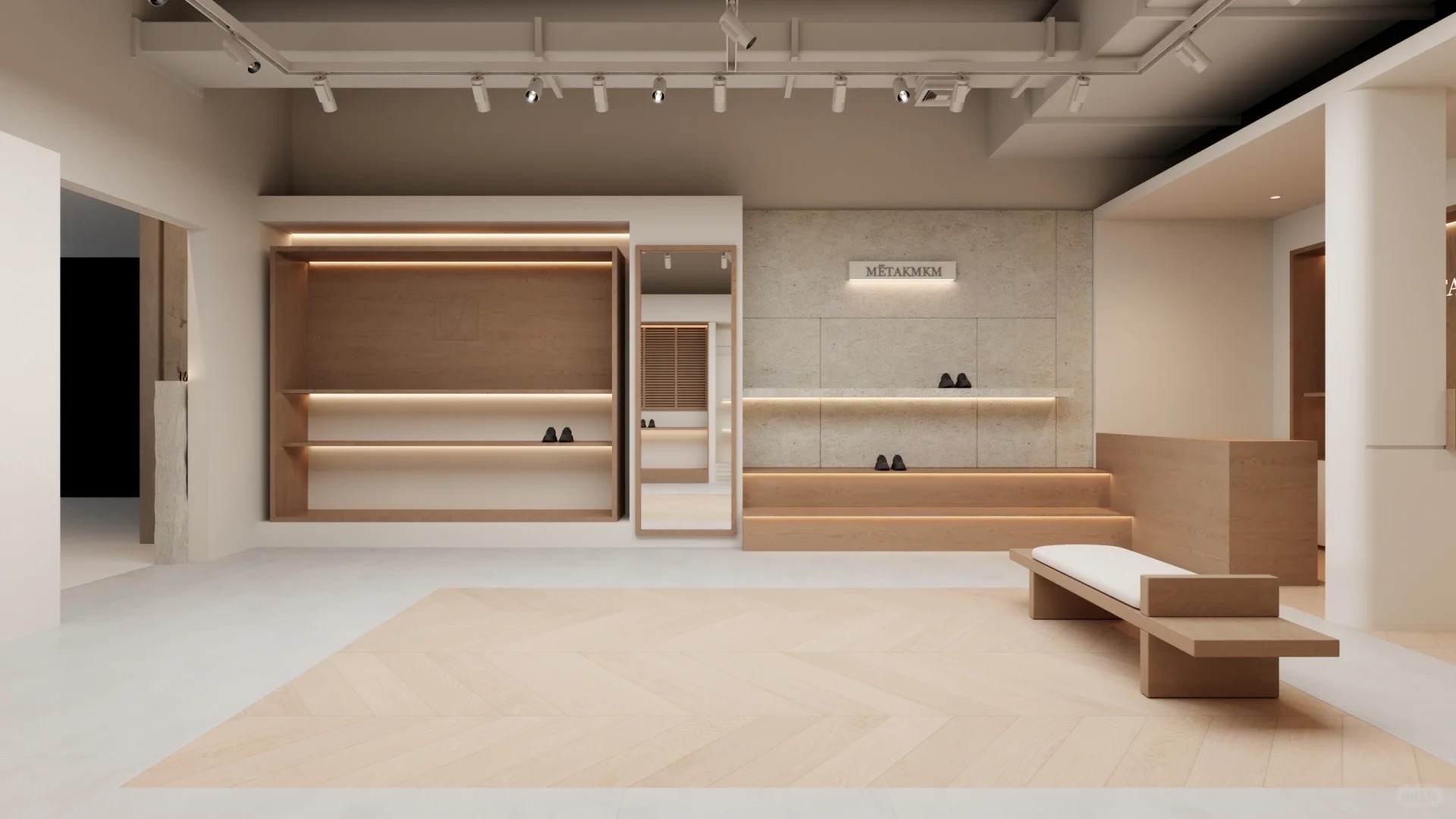 Minimalist Natural Light Wood Shoe Shop Display Cabinet Set Recessed LED Wall Shoe Display Shelves Solid Wood Reception Counter For Sneaker & Leather Shoe Boutique