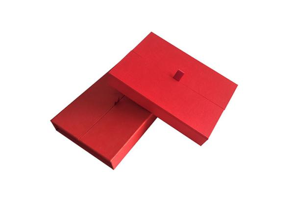 Cap Top Red Book Shaped Box , Magnetic Flap Box With 2cm Width Satin Tape