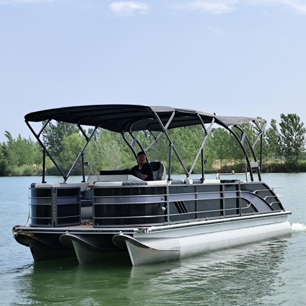25ft Modern Black & Silver Pontoon Boat - Sleek Design For Premium Leisure & Business Use