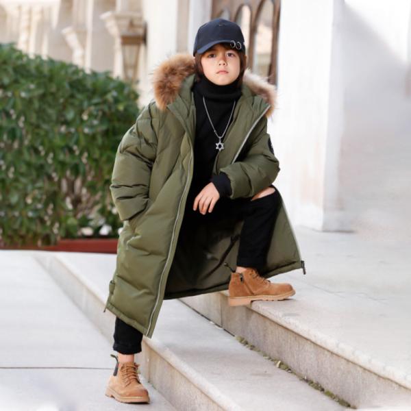 Bilemi Long Hooded Real Fur Coats Kids Down Jacket Army Gren Winter Jacket for Boy