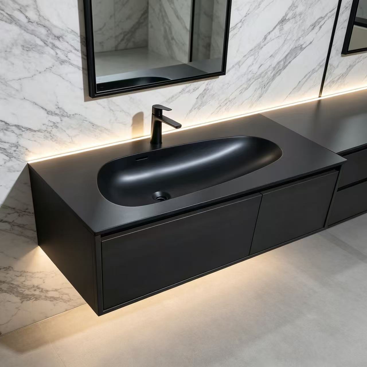 BLACK SOLID SURFACE INTEGRATED FLOATING VANITY WITH CURVED BASIN,BLACK SOLID SURFACE FLOATING VANITY | SEAMLESS CURVED INTEGRATED BASIN