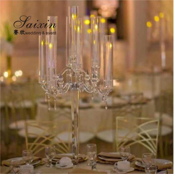 Alto cristal de vidro candelabro 5 braço 9 braço centro da mesa de casamento