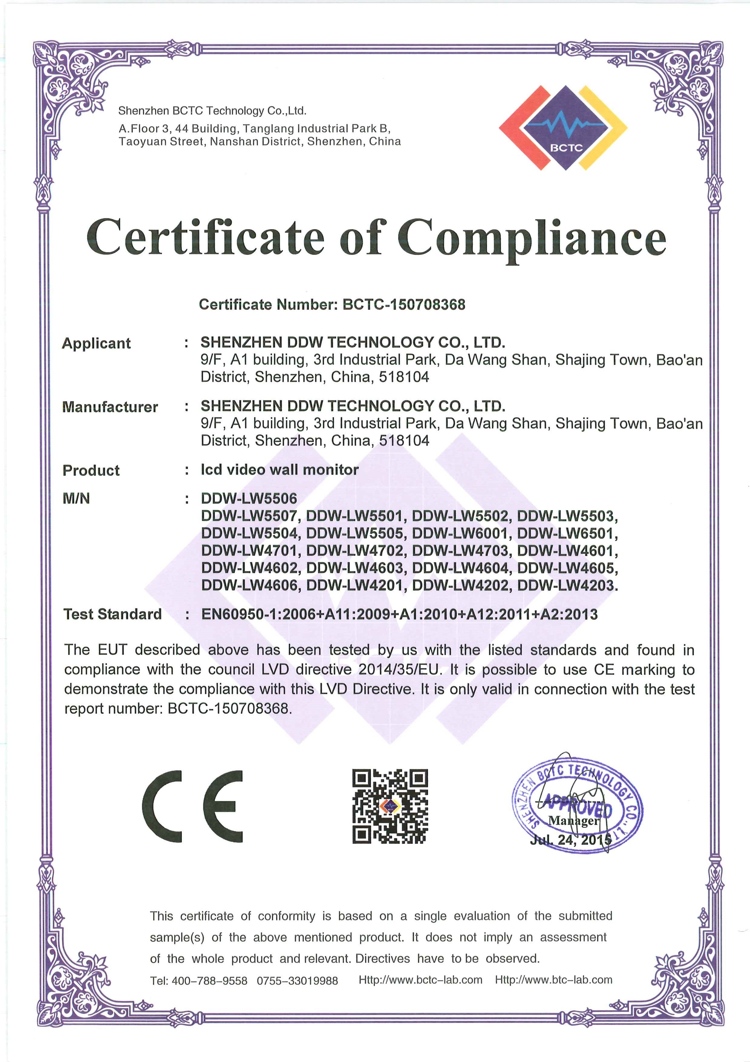 SHENZHEN DDW TECHNOLOGY CO.,LTD Сертификации