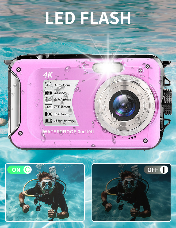4K Underwater Camera 56MP UHD Video 16X Digital Zoom Anti Shake Auto Focus 2.7 Inch HD Screen for Snorkeling Diving and Swimming