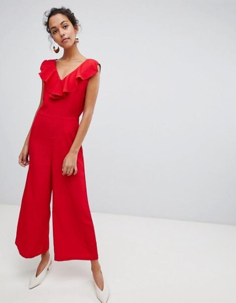 factory supplier in china custom plain red ruffle detail wide leg girl jumpsuit
