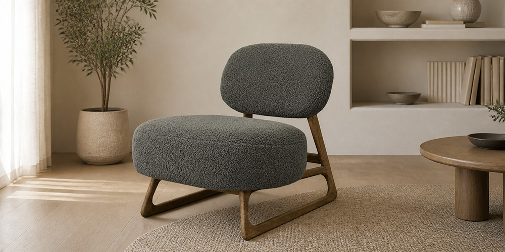 Contemporary Gray Bouclé Armless Lounge Chair, Solid Wood  CYC-021-GRY