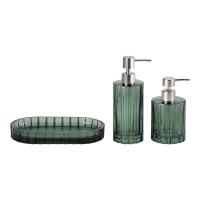 Ribbed Glass Bathroom Accessories 3pcs Set Green Color With Vertical Stripe Silver Mat Pump Head Parts