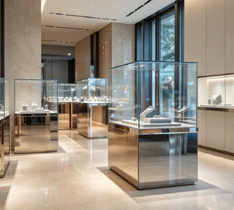 Custom Mirror Stainless Steel Jewelry Display Cabinet with Ultra-Clear Tempered Glass and Integrated High-CRI LED Lighting