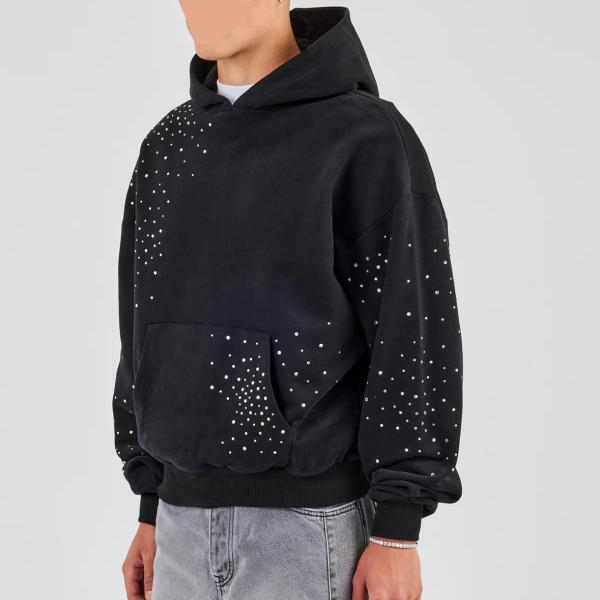 Custom Pullover Hoodie Men Streetwear Embroidery Logo Vintage Acid Wash Oversized Drop Shoulder Rhinestone Hoodie