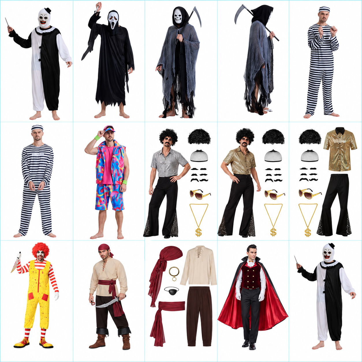 Wholesale Men’s Halloween Costumes, Ghost, Reaper, Prisoner, Pirate, Vampire, Clown and Retro Party Outfits, Custom OEM ODM Fancy Dress Supplier with Low MOQ and Global Bulk Service by Patygr Factory