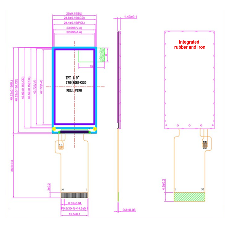 1.9 inches, driven by ST7789, 170X320 TFT high-definition display screen, optional with plastic frame backlight bare screen, plastic and iron integrated bare screen, SPI interface module