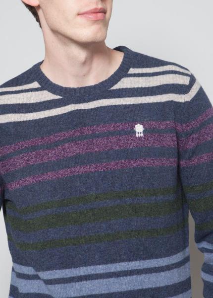Men's 100% lambswool knitted Striped Sweater with woven elbow patch