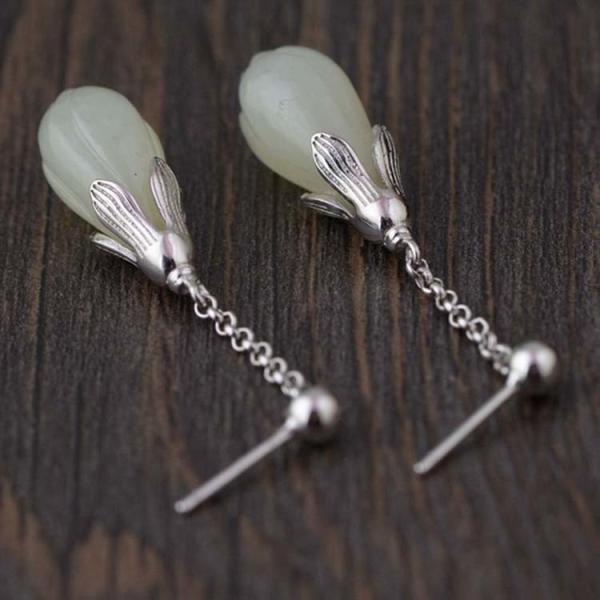 Women Retro 925 Sterling Silver Natural Jade Drop Earrings(TRS30811)