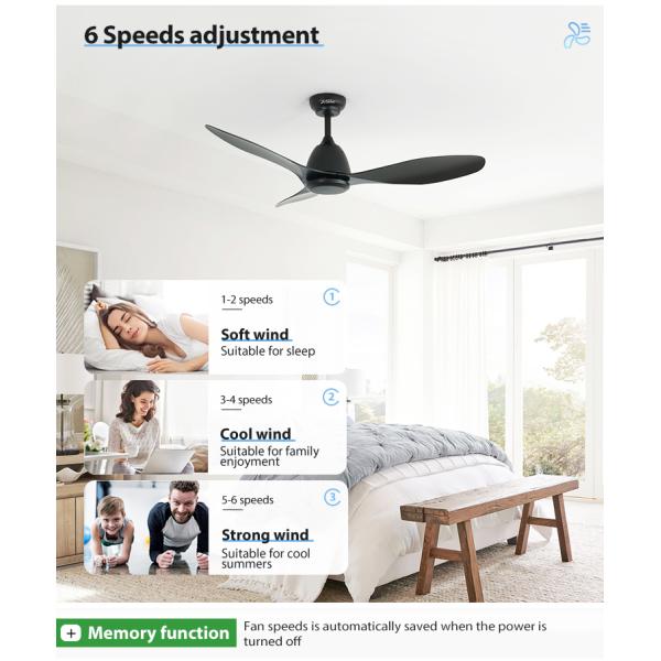 Ventilador de teto ABS preto com lâminas ABS 3* 6 Velocidade do vento ajustável e controle remoto