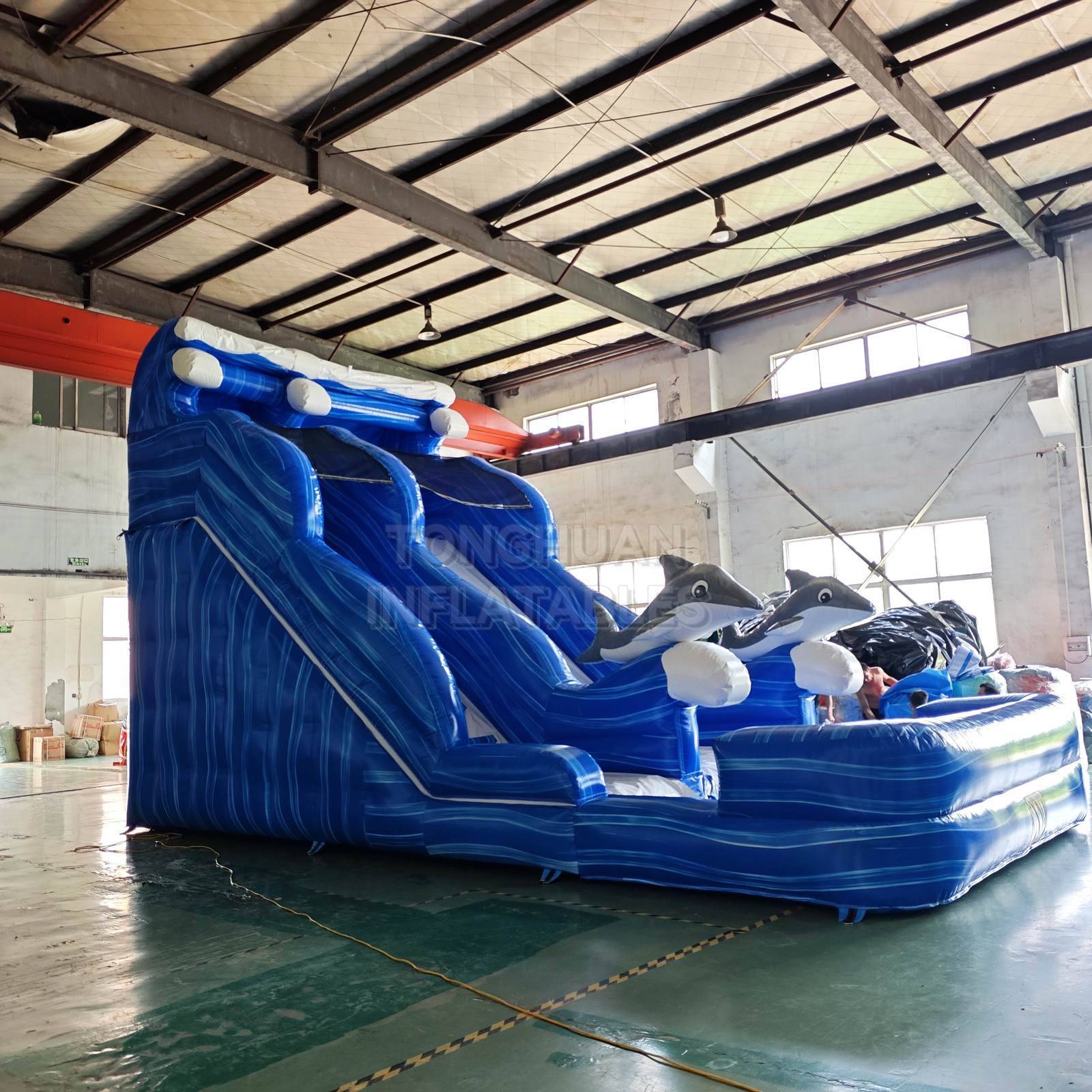 Commercial Blue Whale Inflatable Water Slide with Dual Lanes Splash Pool and Safety Walls for Water Parks Resorts and Rentals