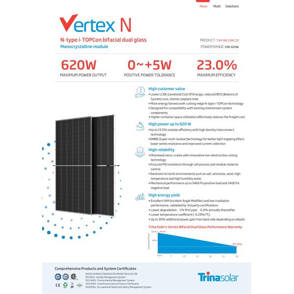 132 Cell Bifacial Dual Glass Monocrystalline Photovoltaic Module 625W Top Performance